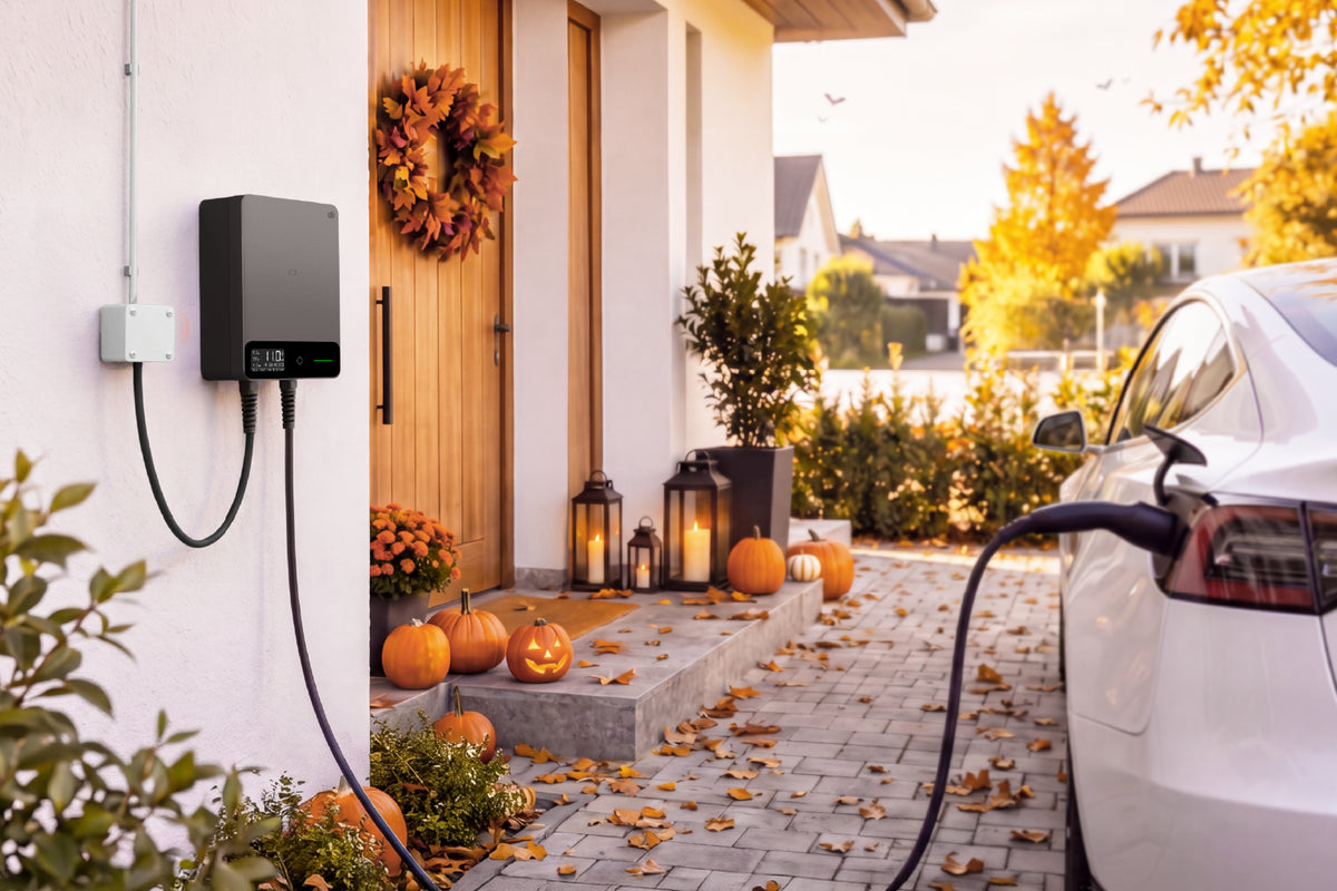 Wallbox dé che ricarica un'auto elettrica a casa durante l'autunno