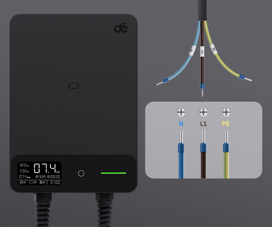 Schema collegamenti N-L1-PE della dé Wallbox Smart 7,4 kW Monofase Tipo 2