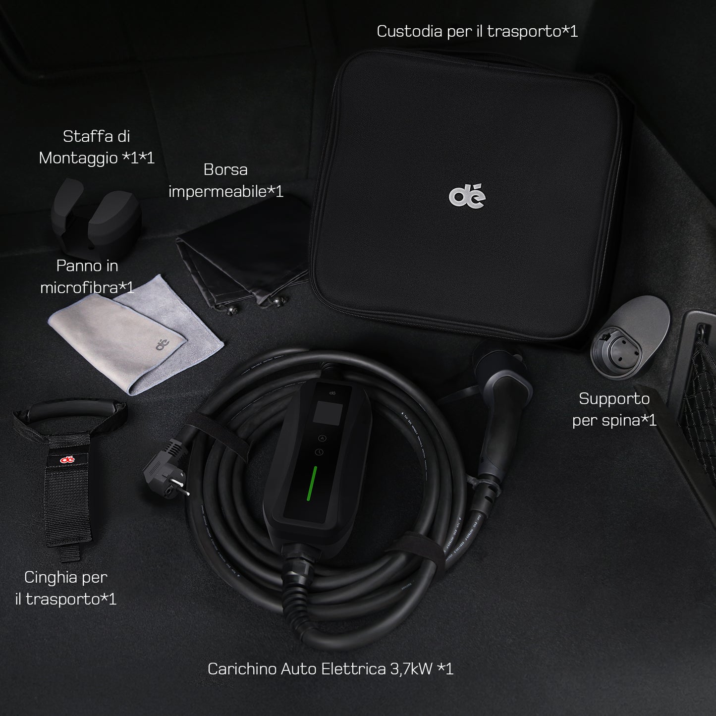 dé Cavo Ricarica Auto Elettrica Tipo 2 Schuko 3,7 kW (6–16A) – Wallbox Portatile con LCD e Supporto