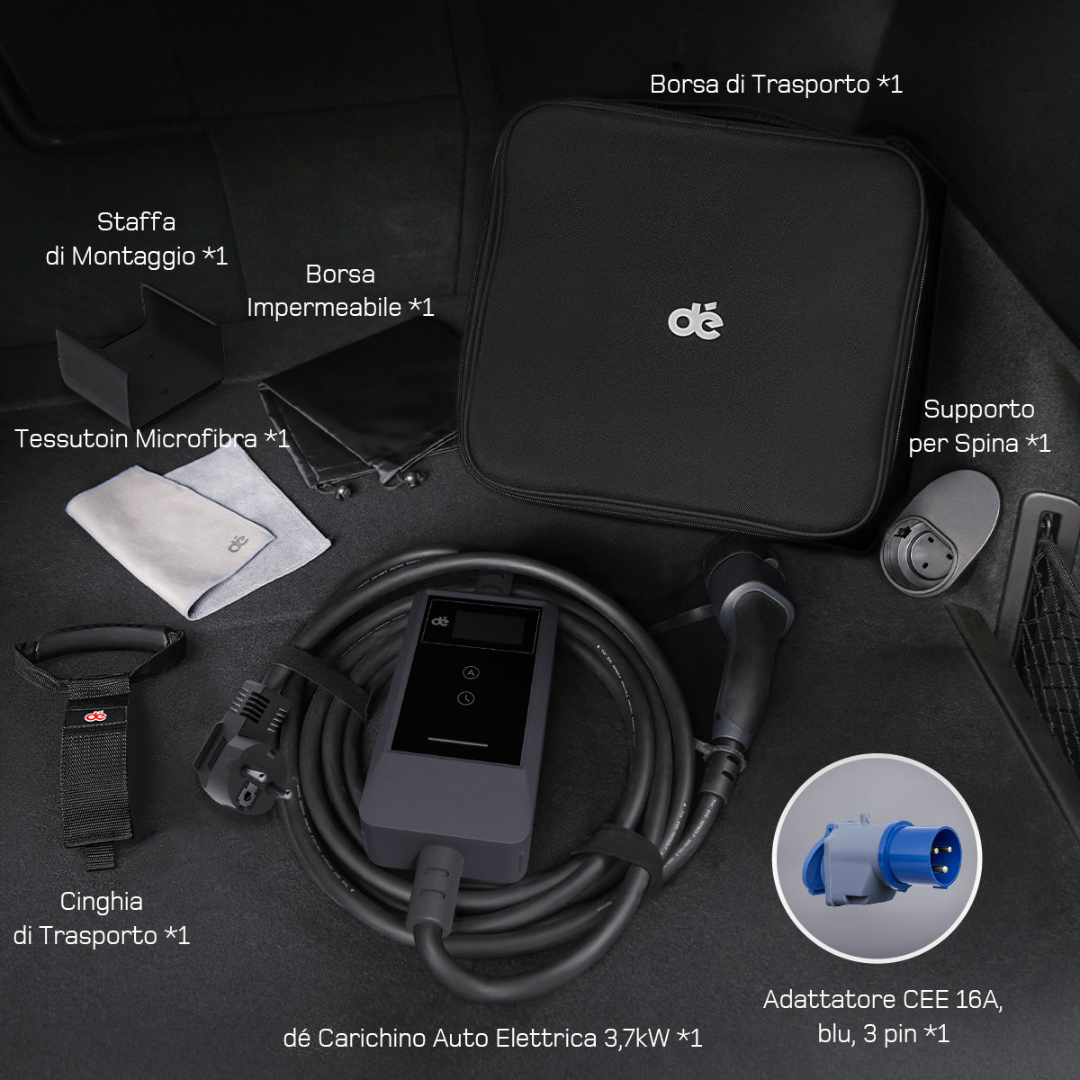 dé Caricatore Auto Elettrica Portatile 3,7 kW Tipo 2 Schuko (6–16A) con APP & LCD