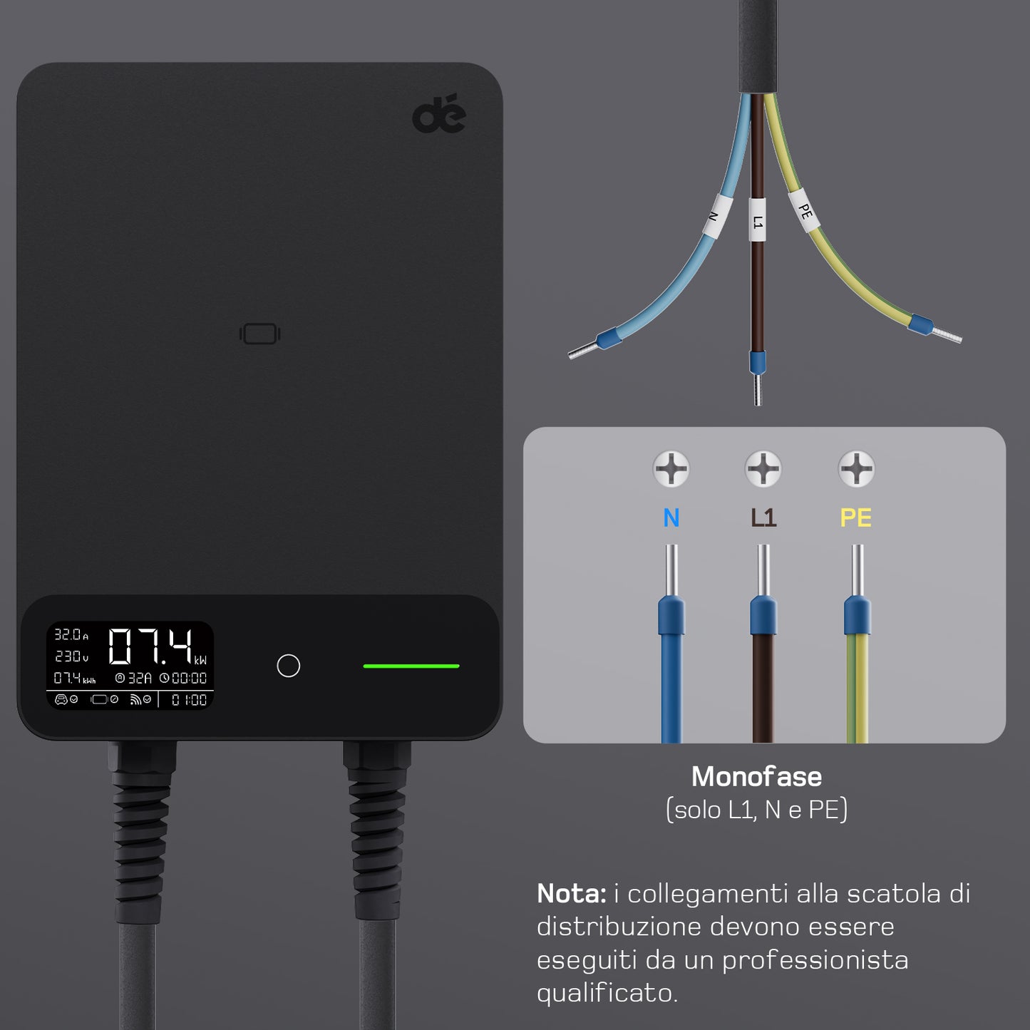 dé Wallbox Smart 7,4 kW Monofase Tipo 2 (32A, 230V) – Wi-Fi/Bluetooth, RFID