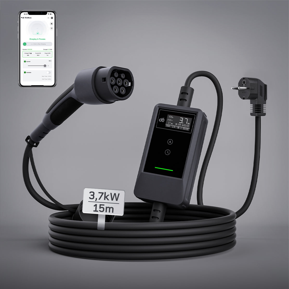 dé Caricatore Auto Elettrica Portatile 3,7 kW Tipo 2 Schuko (6–16A) con APP & LCD