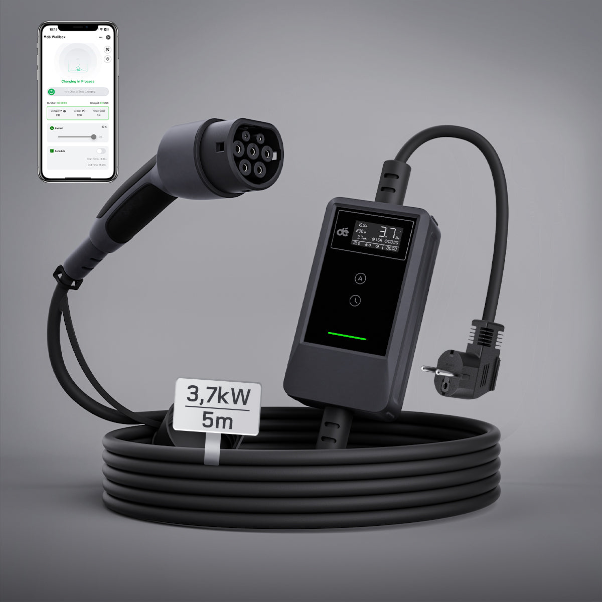 dé Caricatore Auto Elettrica Portatile 3,7 kW Tipo 2 Schuko (6–16A) con APP & LCD