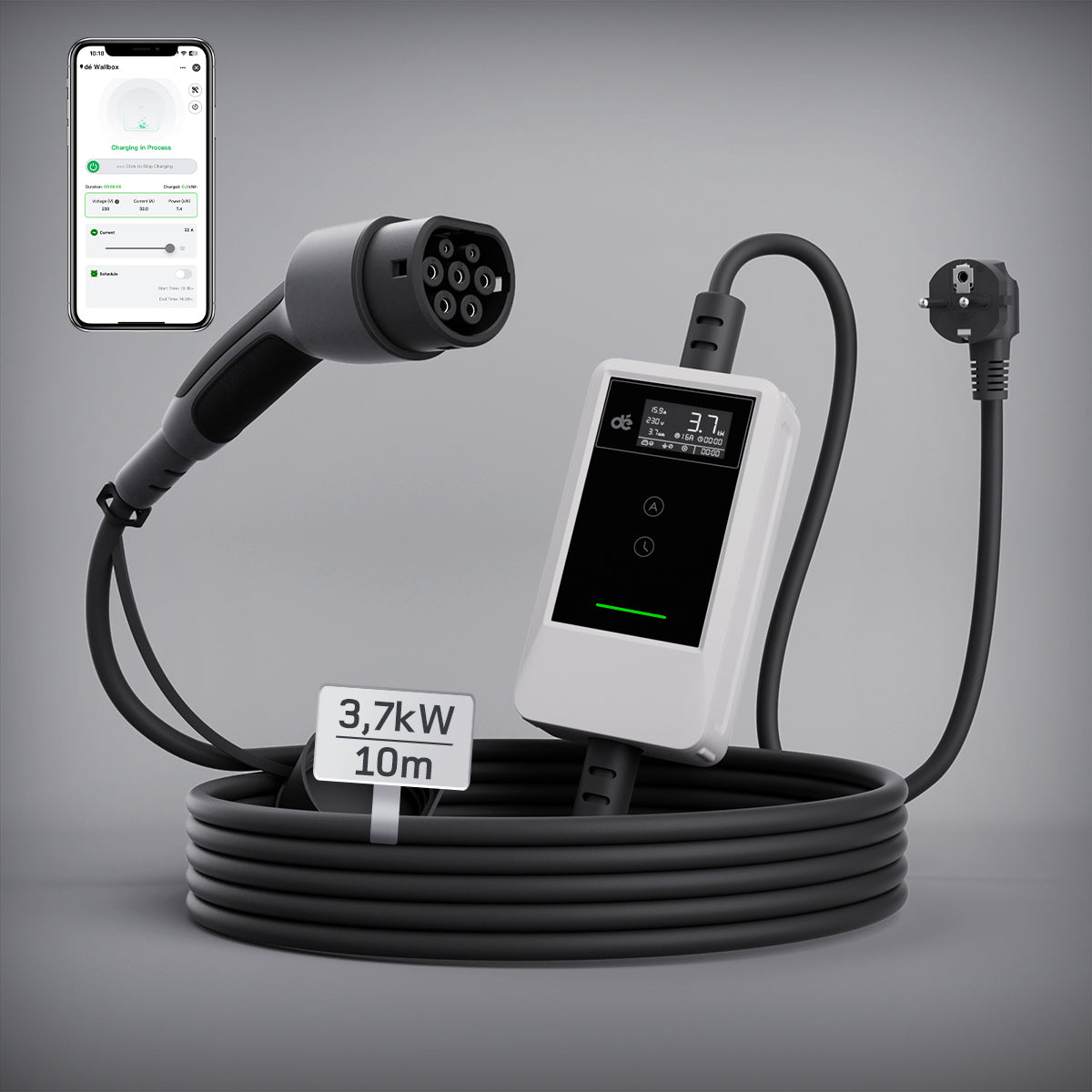 dé Caricatore Auto Elettrica Portatile 3,7 kW Tipo 2 Schuko (6–16A) con APP & LCD